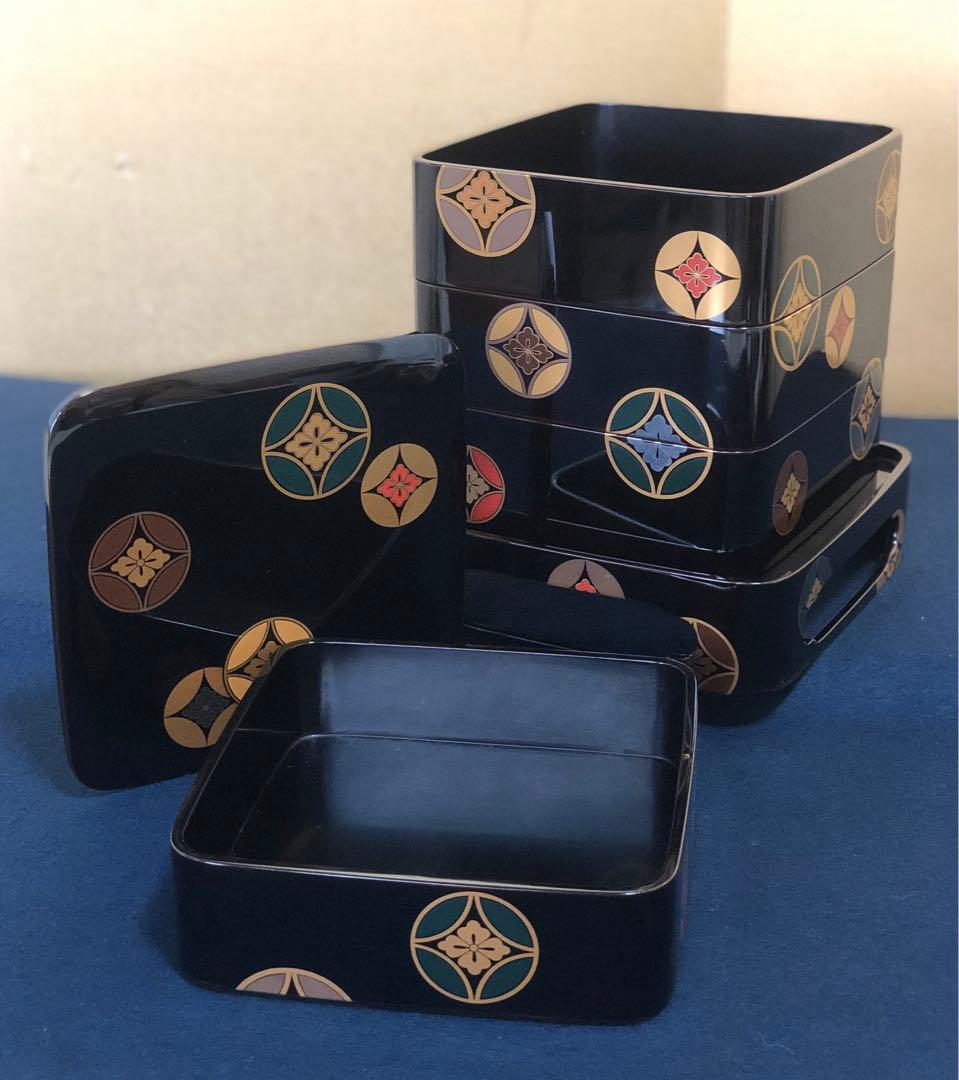 《レ》黒塗 七宝蒔絵 四段重 重台付 平安光村造 共箱 251201お2