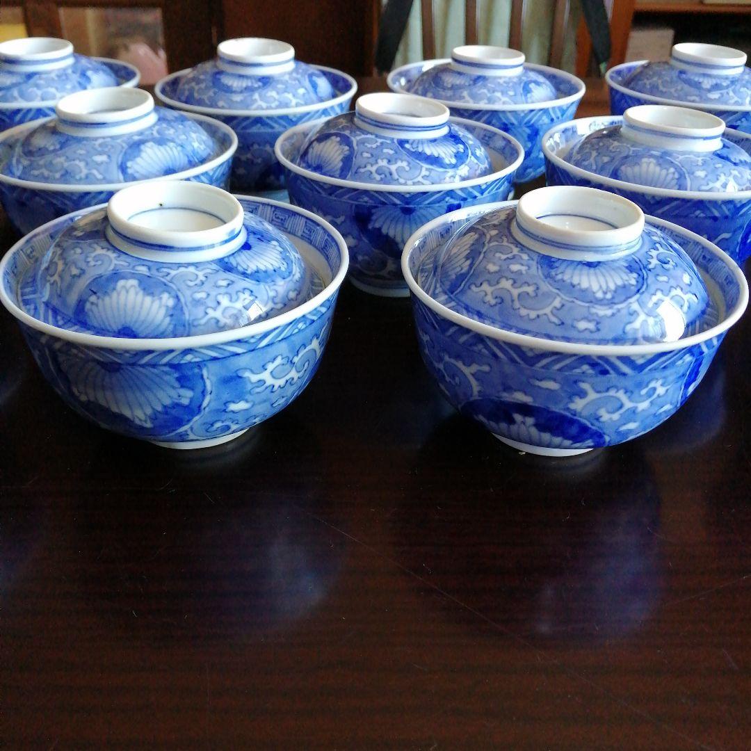 古伊万里　染付総模様蓋付碗　15客　10.8cm　江戸後期