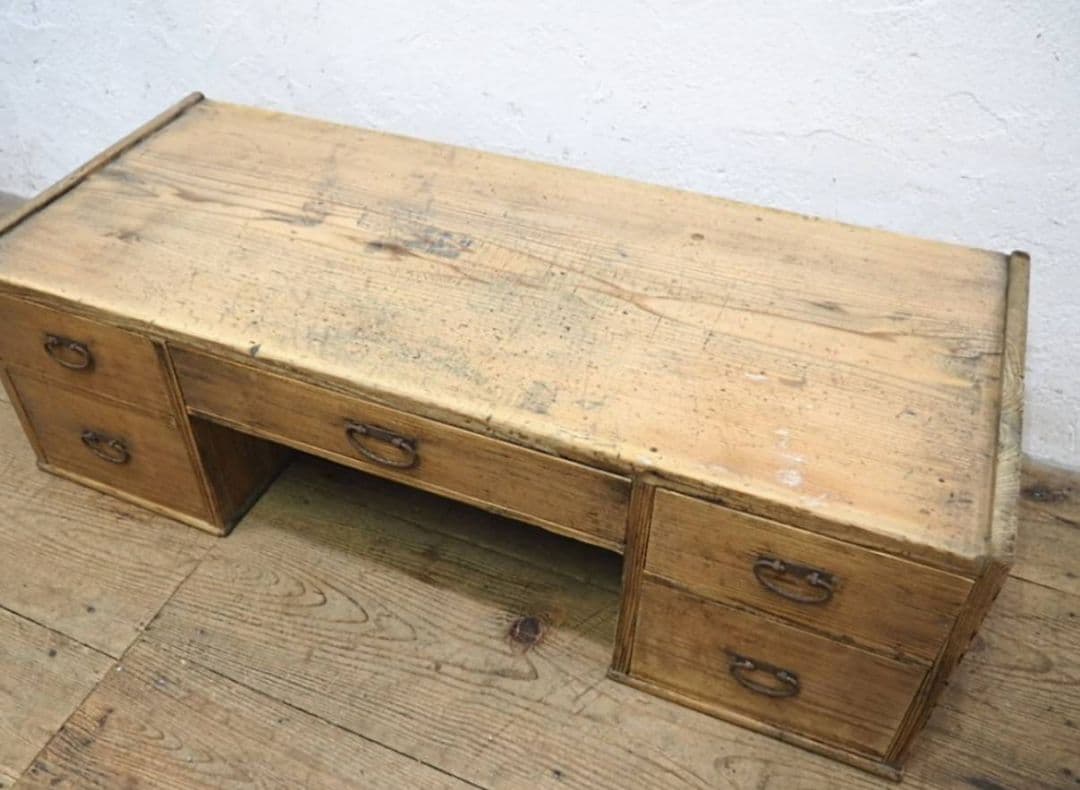 1047 アンティーク　ロータイプの両袖机　テーブル　デスク　古家具　レトロ