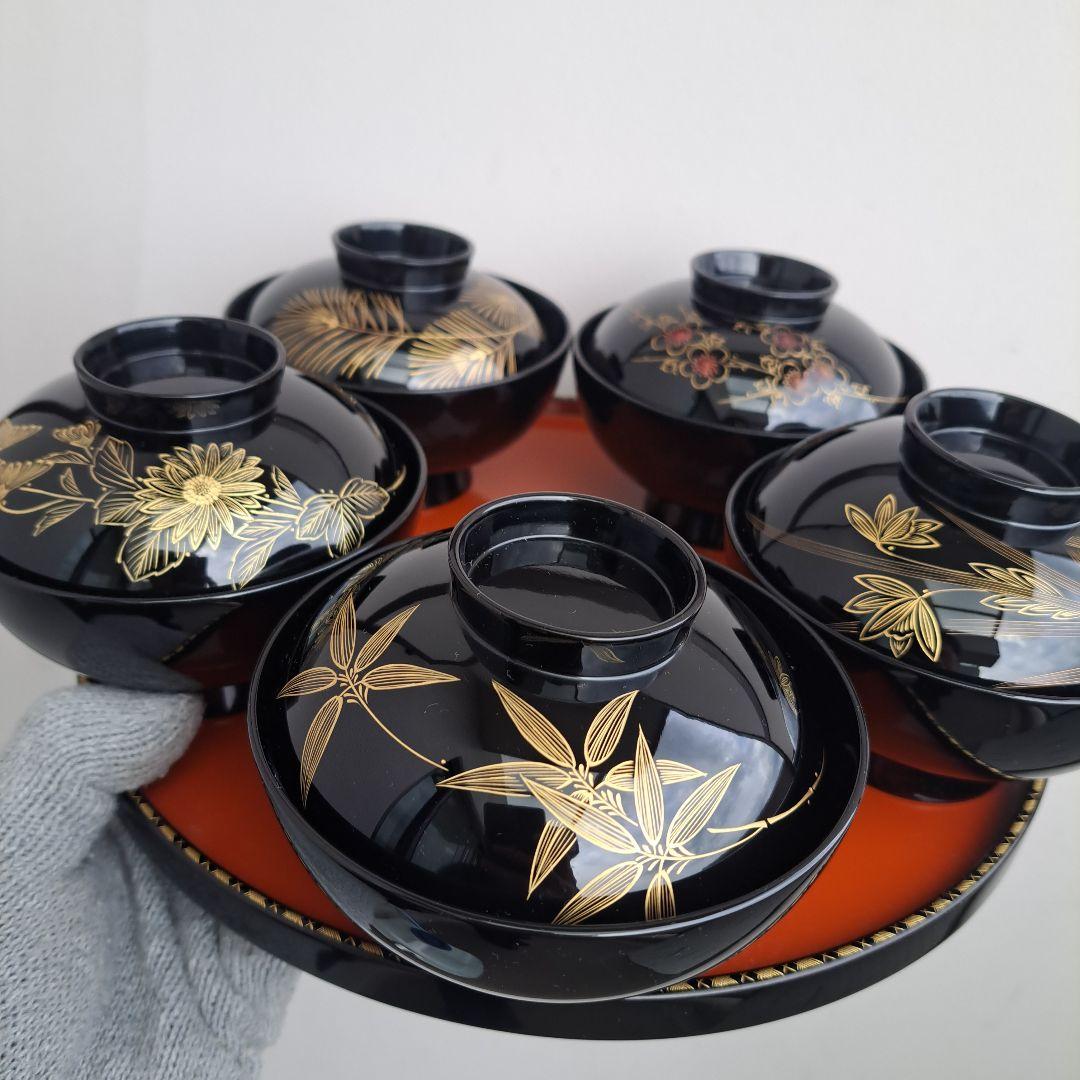 【輪島塗　御吸物椀×5客】布着本堅地　浅見漆器店　沈金\"五君子　未使用