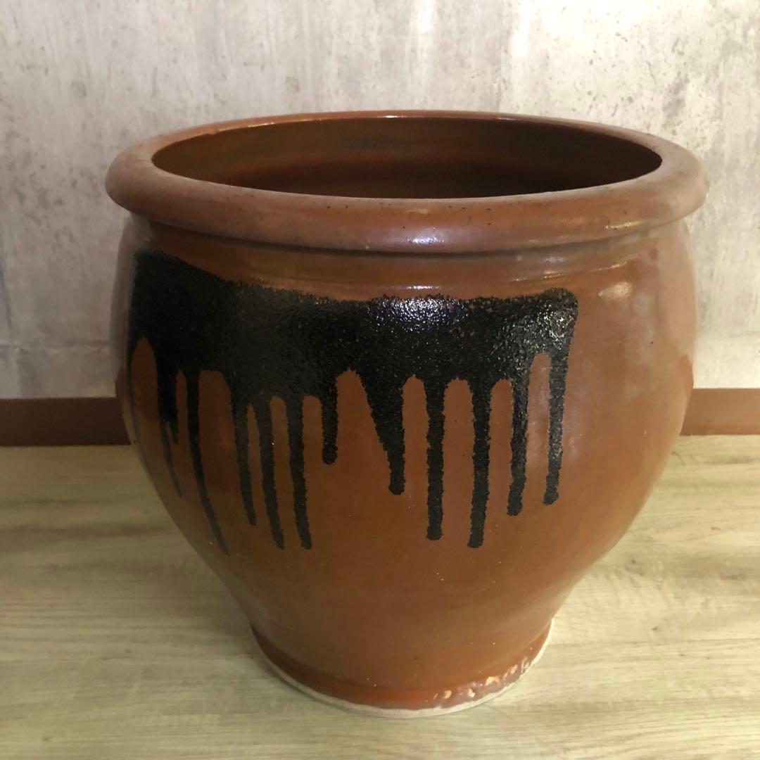 希少大型水甕かめつぼ漬物梅干し壺34cm水鉢睡蓮鉢陶器焼き物ビンテージ当時物