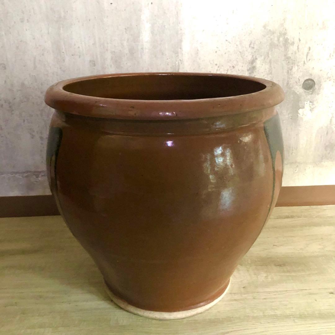 希少大型水甕かめつぼ漬物梅干し壺34cm水鉢睡蓮鉢陶器焼き物ビンテージ当時物