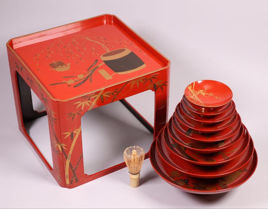 【MB59】大型 九ッ組大盃 盃台 伝統柄 絵変金蒔絵 木製 松竹梅 節句 朱塗