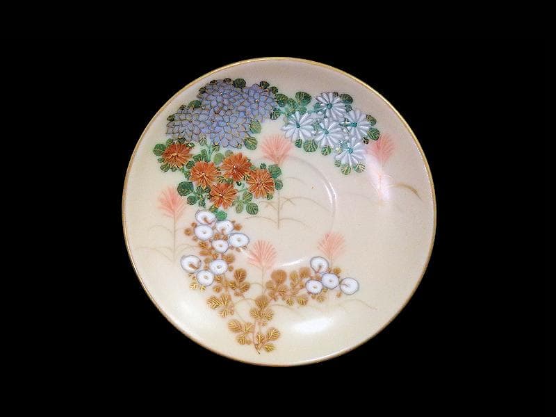 九谷　柄本暁舟　金襴手　秋草の図　盃及び盃台セット　F179AS-DAw