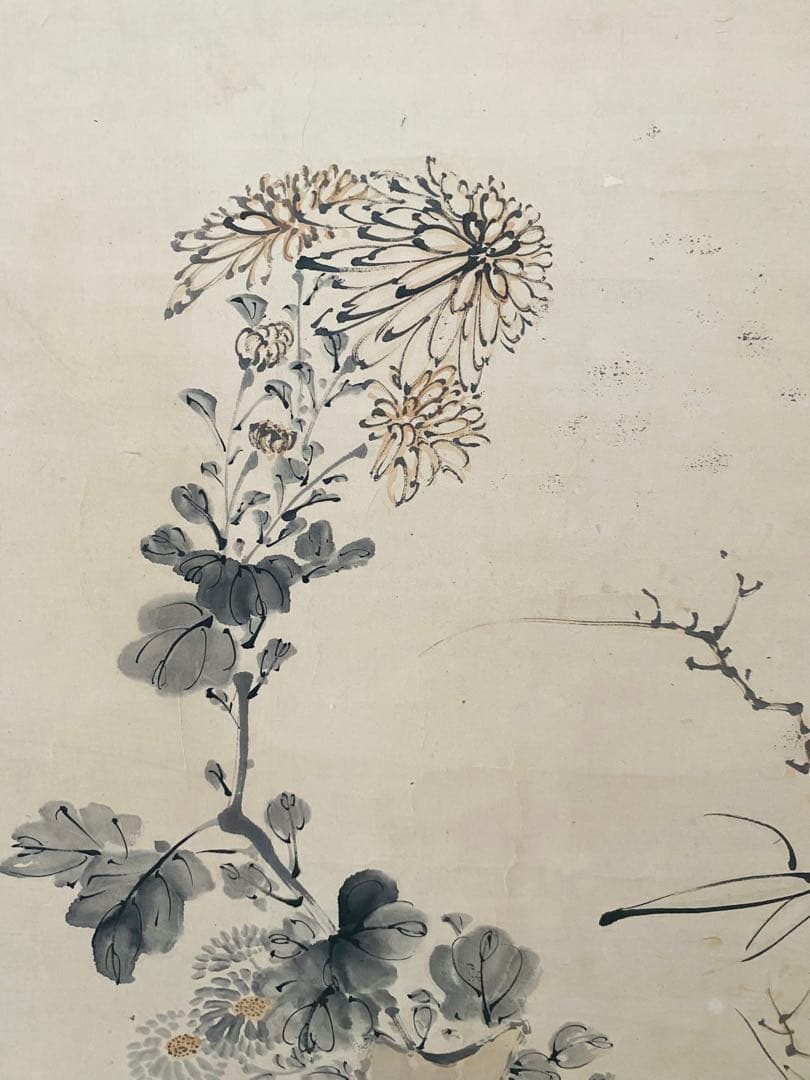 日本画、掛軸、落款肉筆紙本、浦上春琴作品、菊　雀図古美術、美術品、アンティーク、