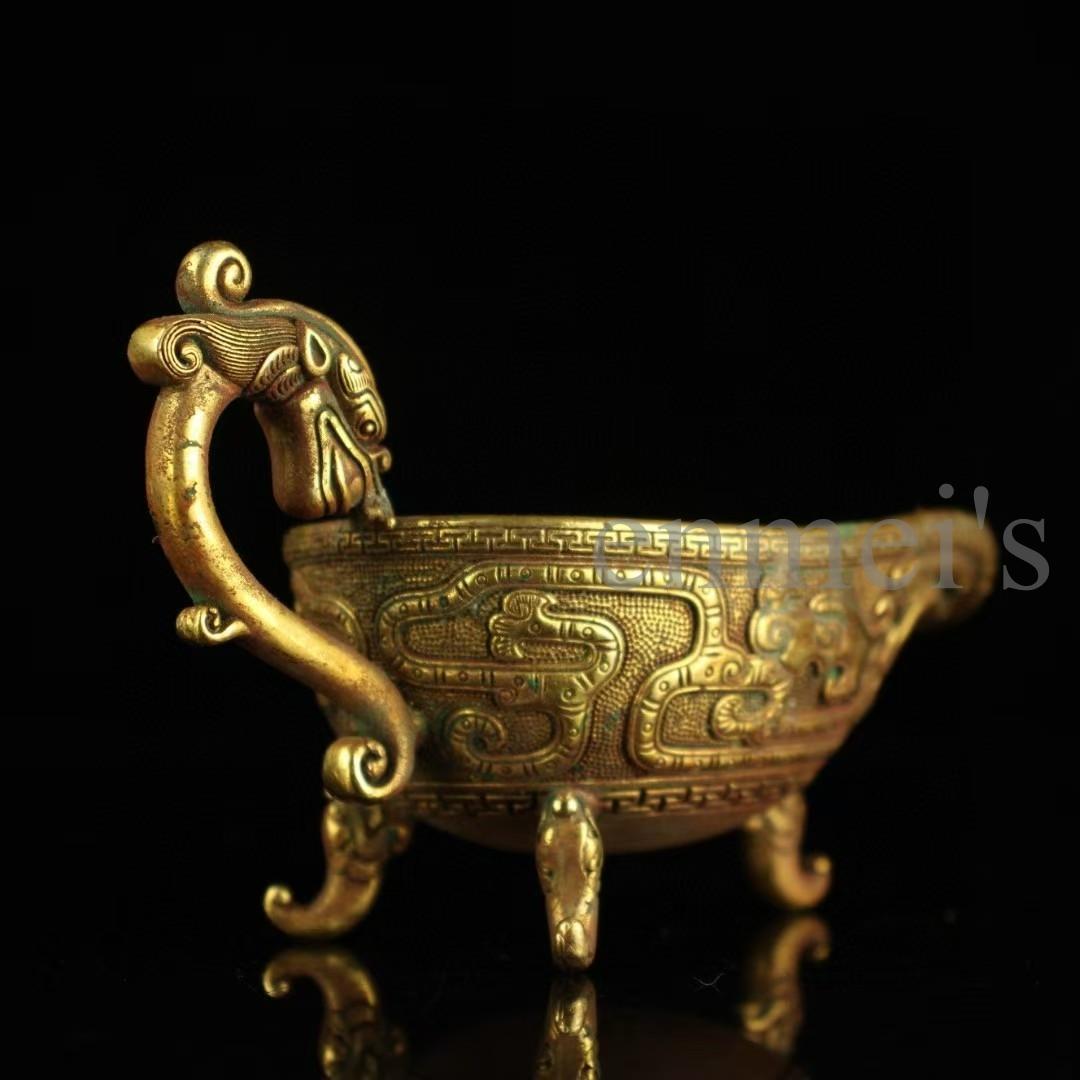中国古美術・珍蔵純銅製・鎏金酒杯・高浮彫船型三足酒具・茶道具・酒器・風水置物