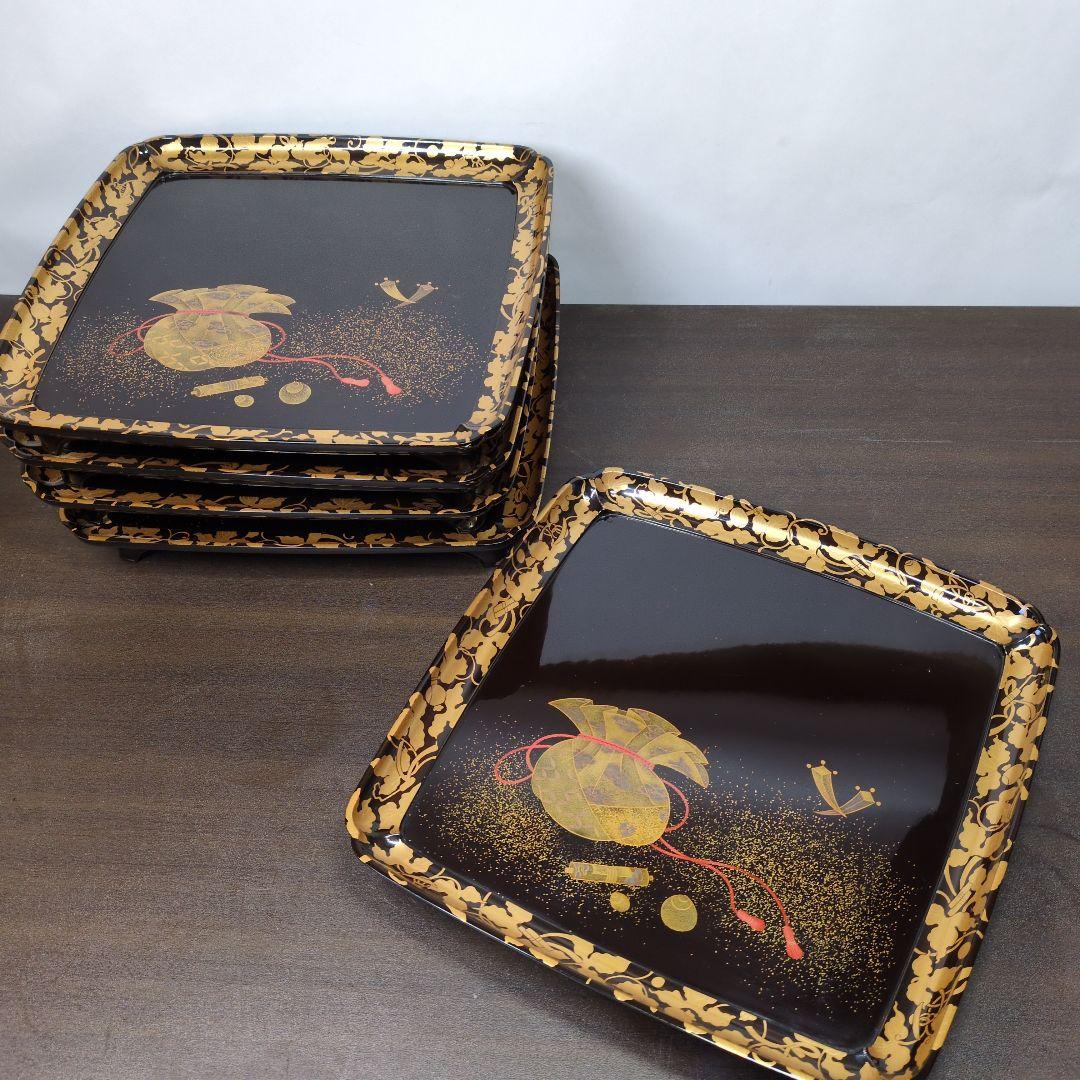 T*i様 時代 金銀蒔絵 宝尽し唐草文 足付き 盆 五客