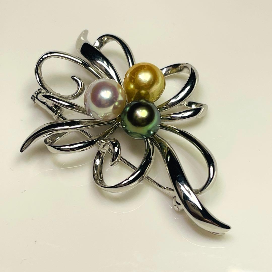 天女 あこやパール　本真珠 ブローチ オーロラ 黒蝶 ゴールドパール　本物8mm