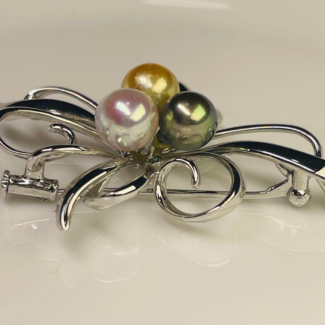 天女 あこやパール　本真珠 ブローチ オーロラ 黒蝶 ゴールドパール　本物8mm