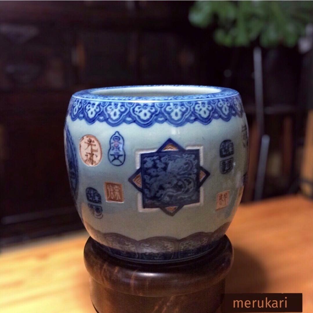 伊万里焼 染付 印判画 人名 窓画 火鉢 古玩 骨董