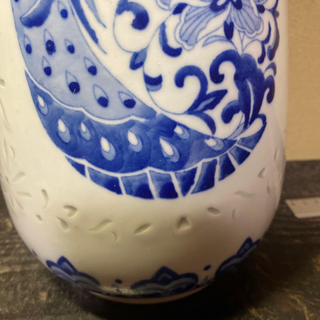 中国美術　蛍手染付花瓶　景徳鎮製