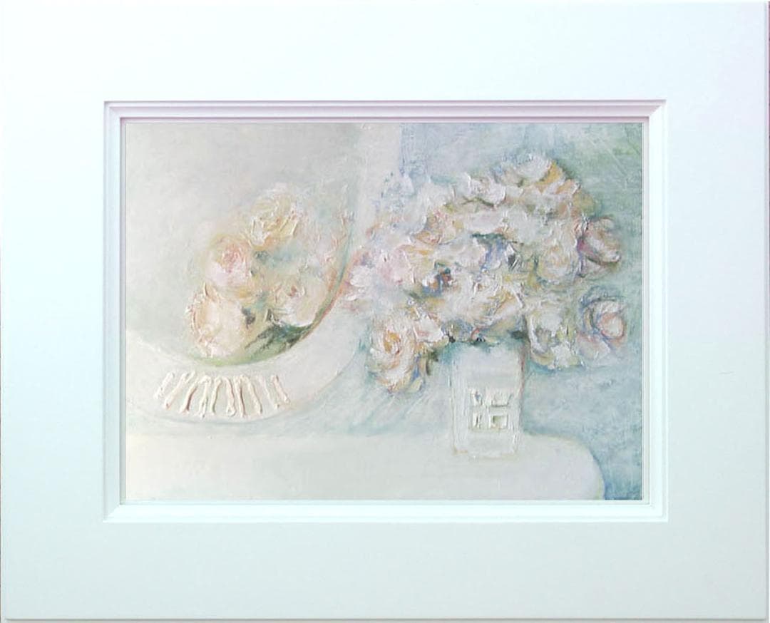 油絵 菅家令子 絵 絵画インテリア額付(青緑＋金色の枠) uF6-114002花