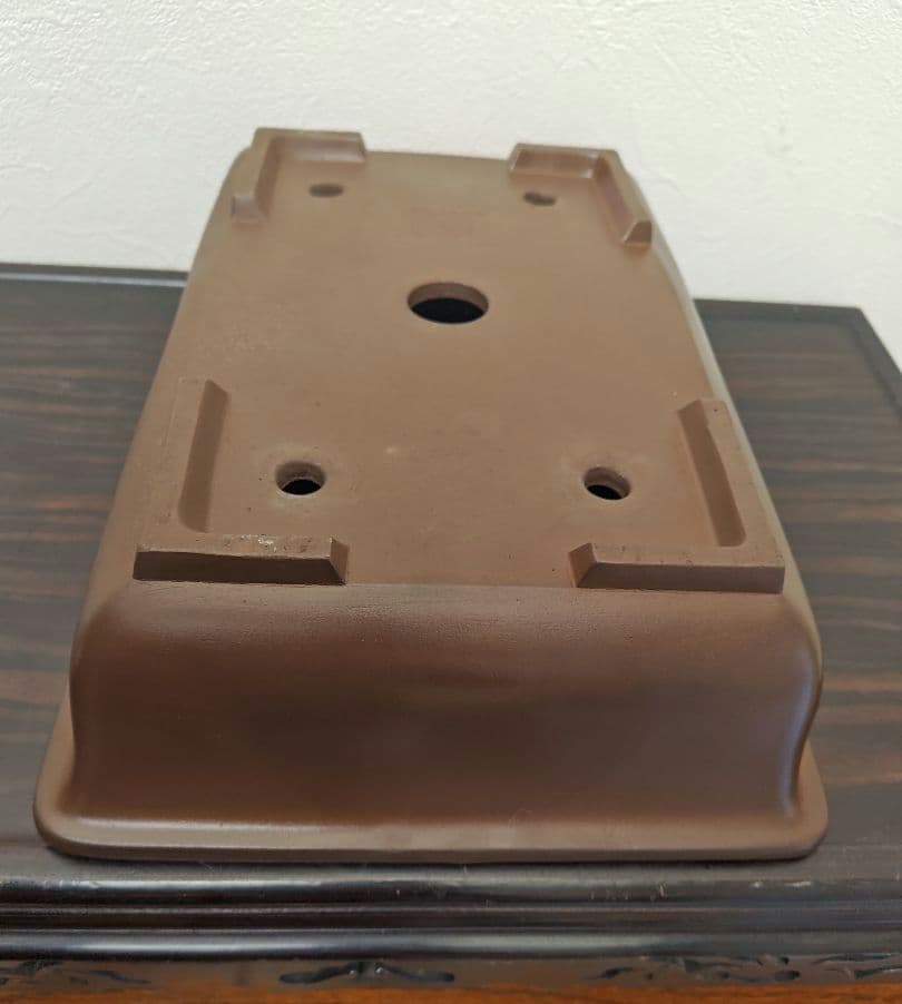 ブラウン 中型陶器盆栽鉢 長方形　落款　亀岡