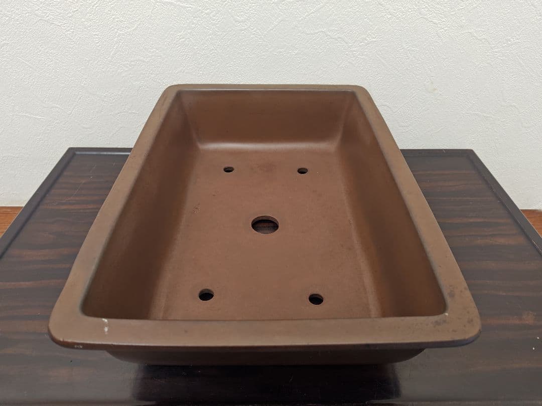 ブラウン 中型陶器盆栽鉢 長方形　落款　亀岡