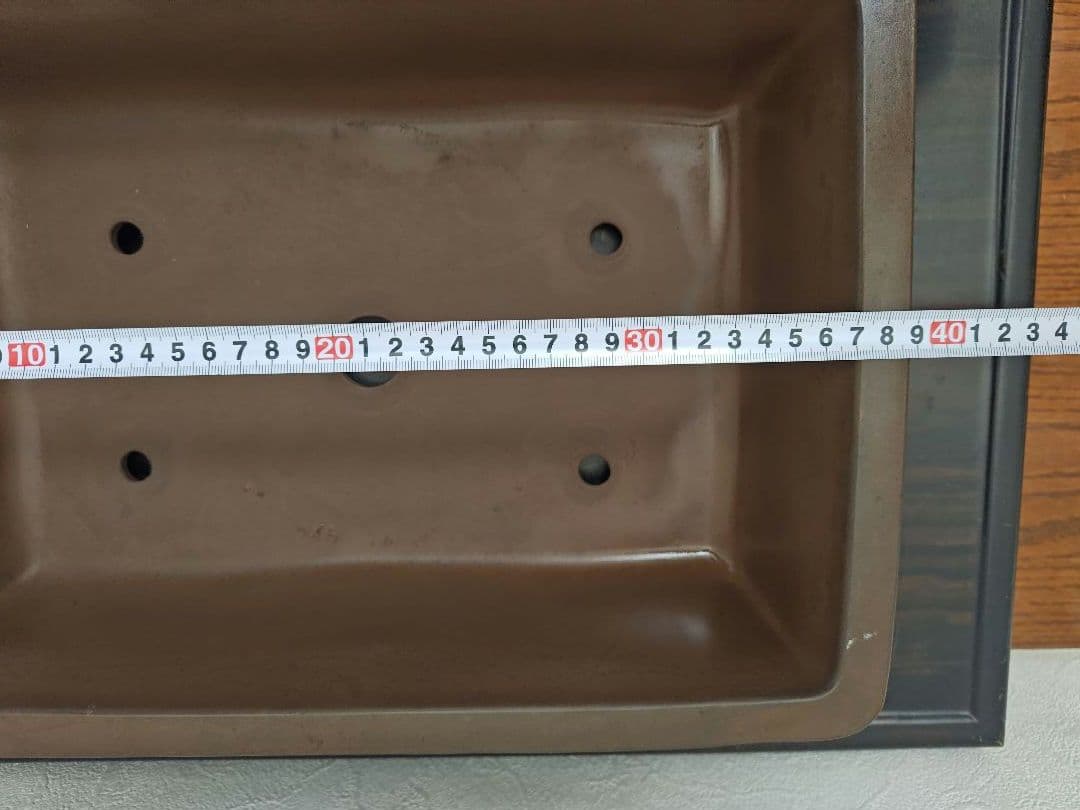 ブラウン 中型陶器盆栽鉢 長方形　落款　亀岡