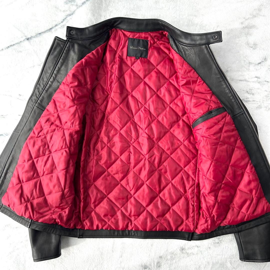 メンズビギ　ラムレザー　シングルライダース　キルティング　ダブルジップ　黒　赤