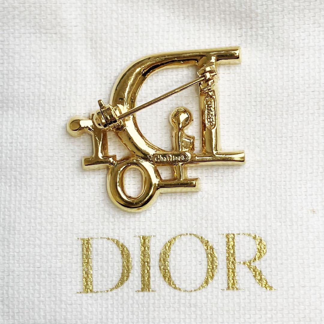 美品　クリスチャン　ディオール　ブローチ　ブランドロゴ　ラインストーン　ゴールド