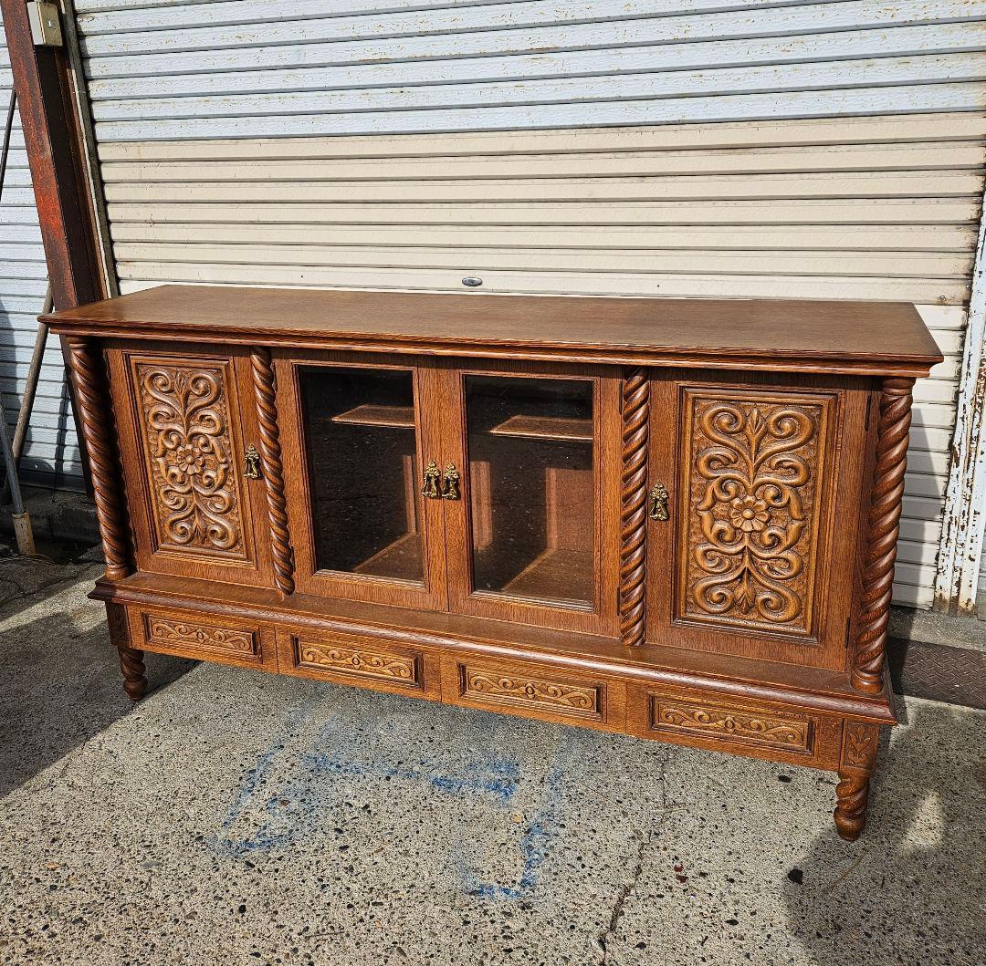 ヴィンテージ 日家工芸株式会社 木彫りのサイドボード ガラス 飾り棚 家具