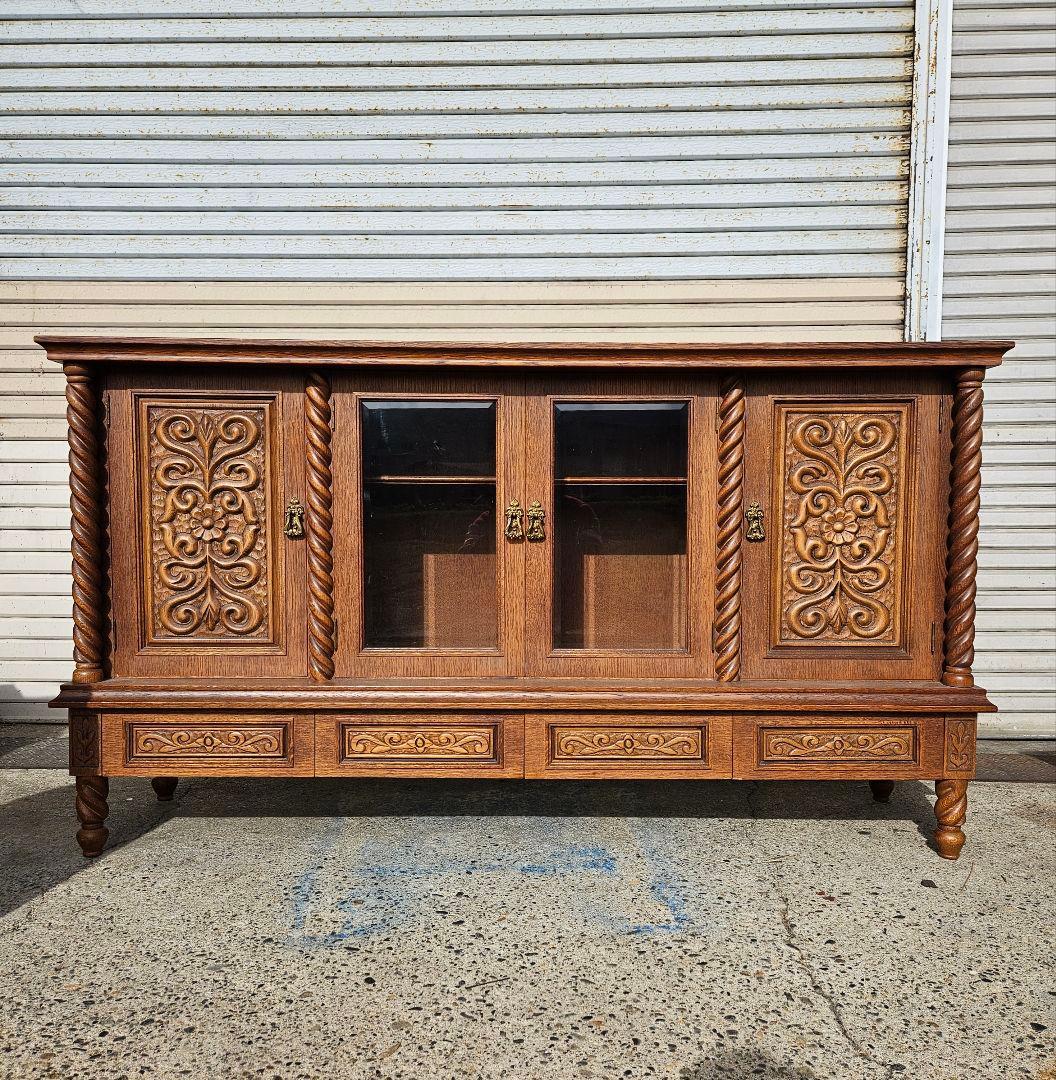 ヴィンテージ 日家工芸株式会社 木彫りのサイドボード ガラス 飾り棚 家具