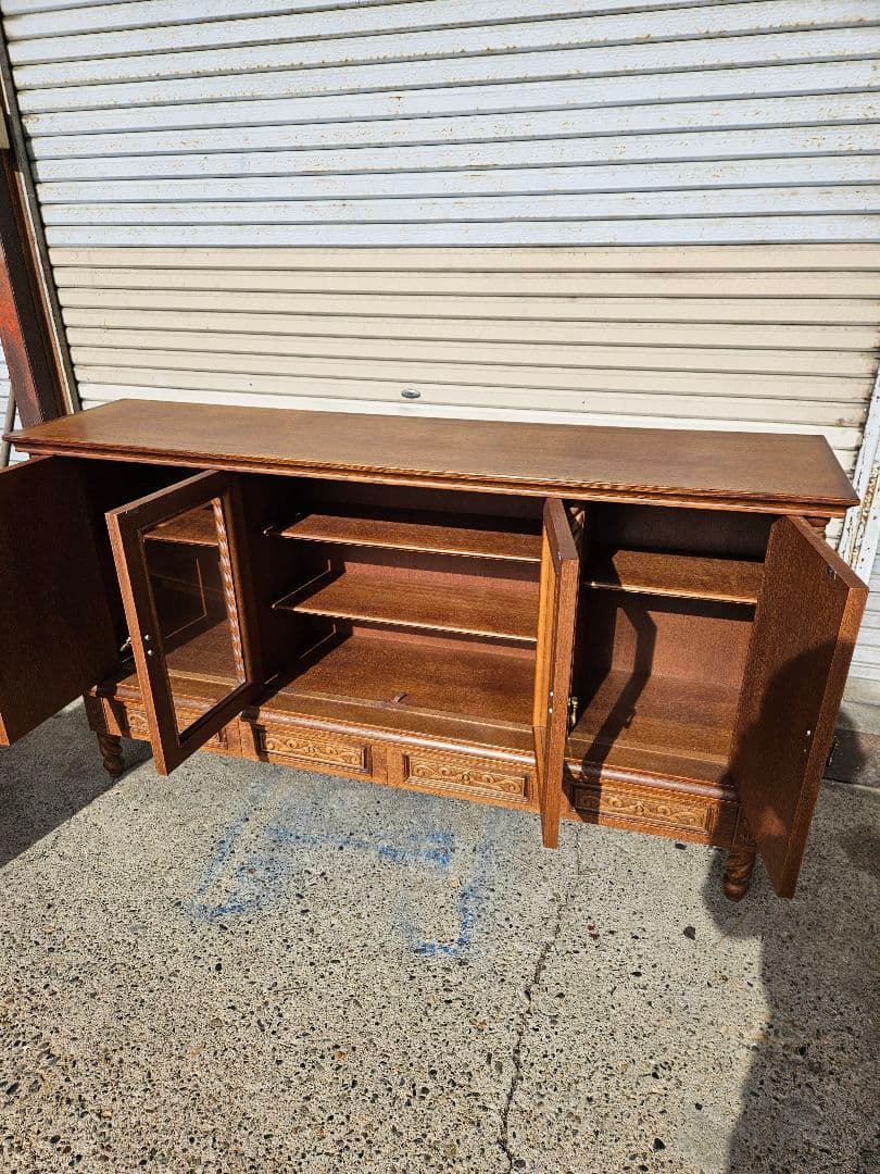 ヴィンテージ 日家工芸株式会社 木彫りのサイドボード ガラス 飾り棚 家具