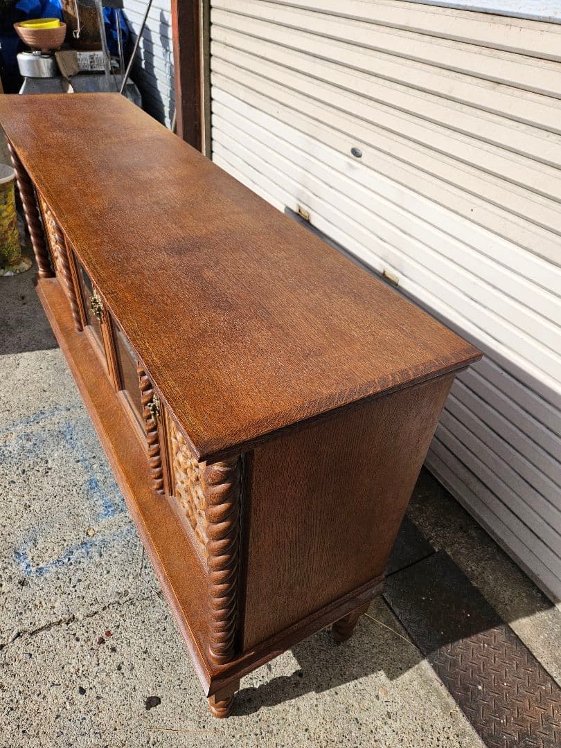 ヴィンテージ 日家工芸株式会社 木彫りのサイドボード ガラス 飾り棚 家具