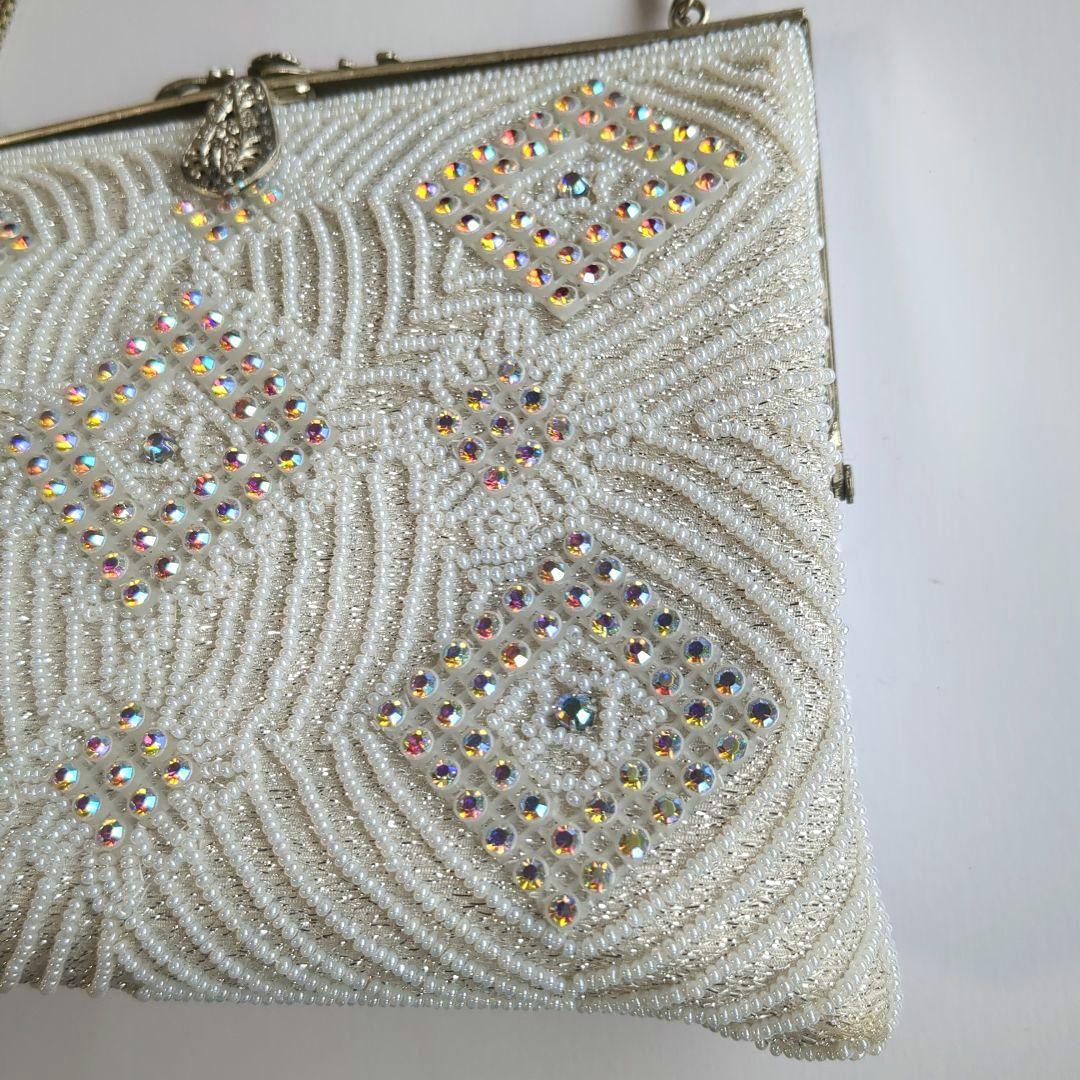 貴重可愛い✨昭和レトロなレアなビーズバッグ　はしもと　白　和小物　洋　夏コーデ