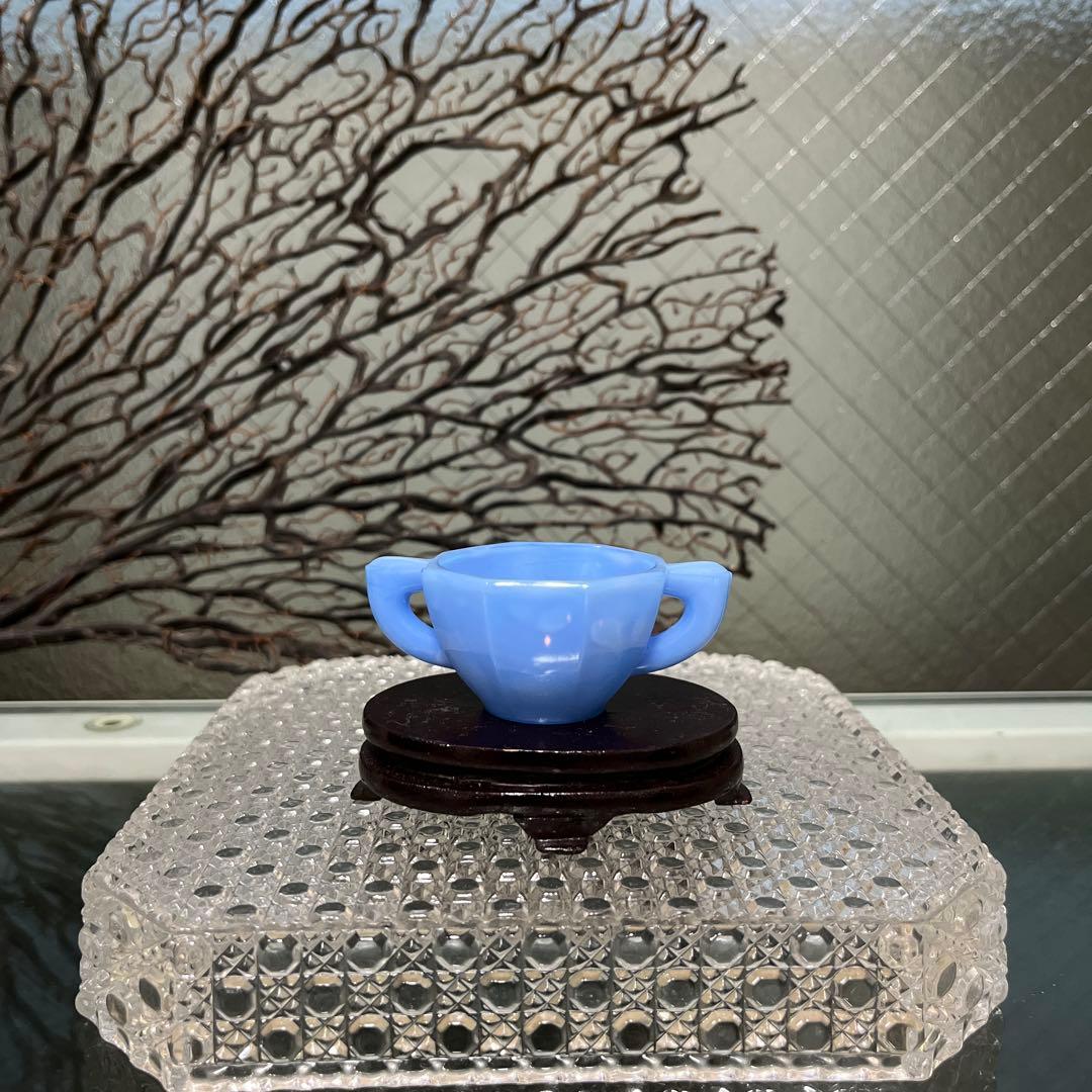 骨董　レトロガラス　紫陽花色　練りガラス　八角型　双耳付き豆鉢　刻印有り ウラン