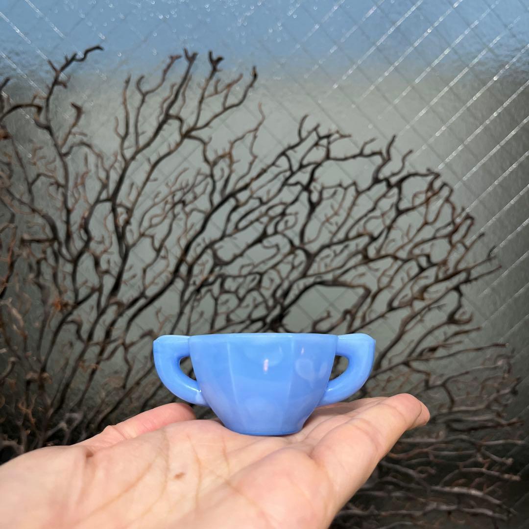 骨董　レトロガラス　紫陽花色　練りガラス　八角型　双耳付き豆鉢　刻印有り ウラン