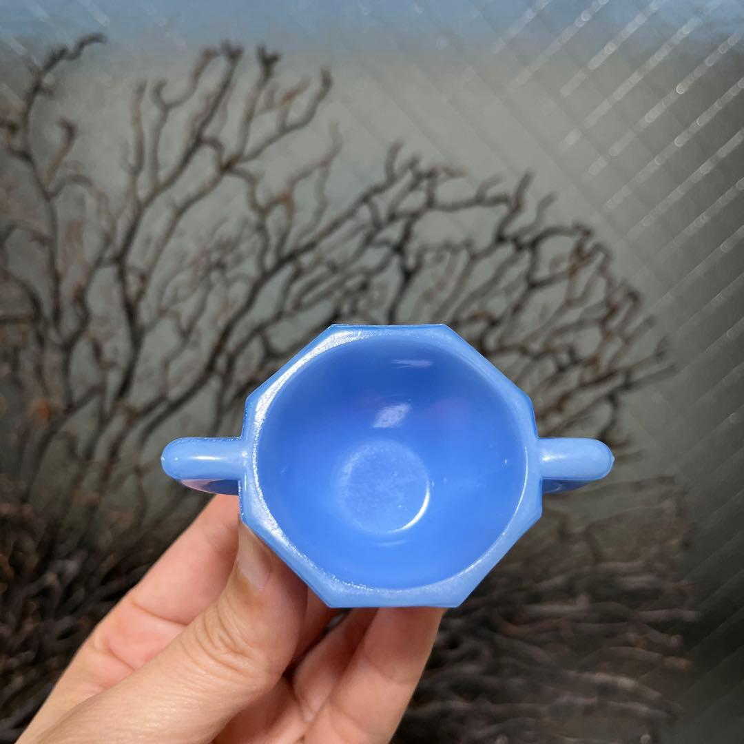 骨董　レトロガラス　紫陽花色　練りガラス　八角型　双耳付き豆鉢　刻印有り ウラン