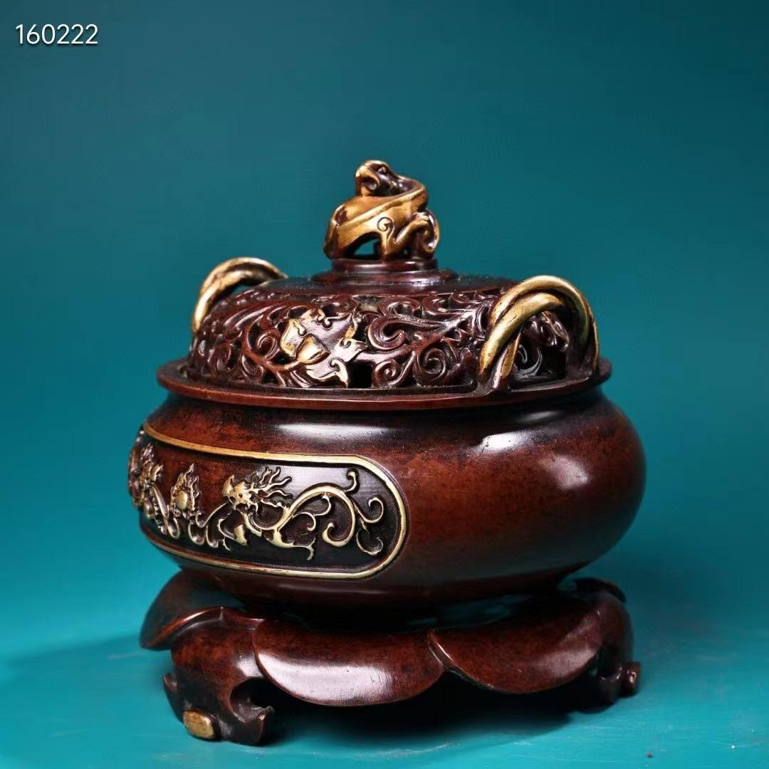 中国古美術・珍蔵・紫銅制・純手作り・鎏金高浮彫香炉・熏香爐・置物・文房具・書道品