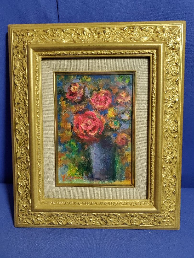 小泊芳彦作 バラの油彩画 SM号 B-11 金色フレーム