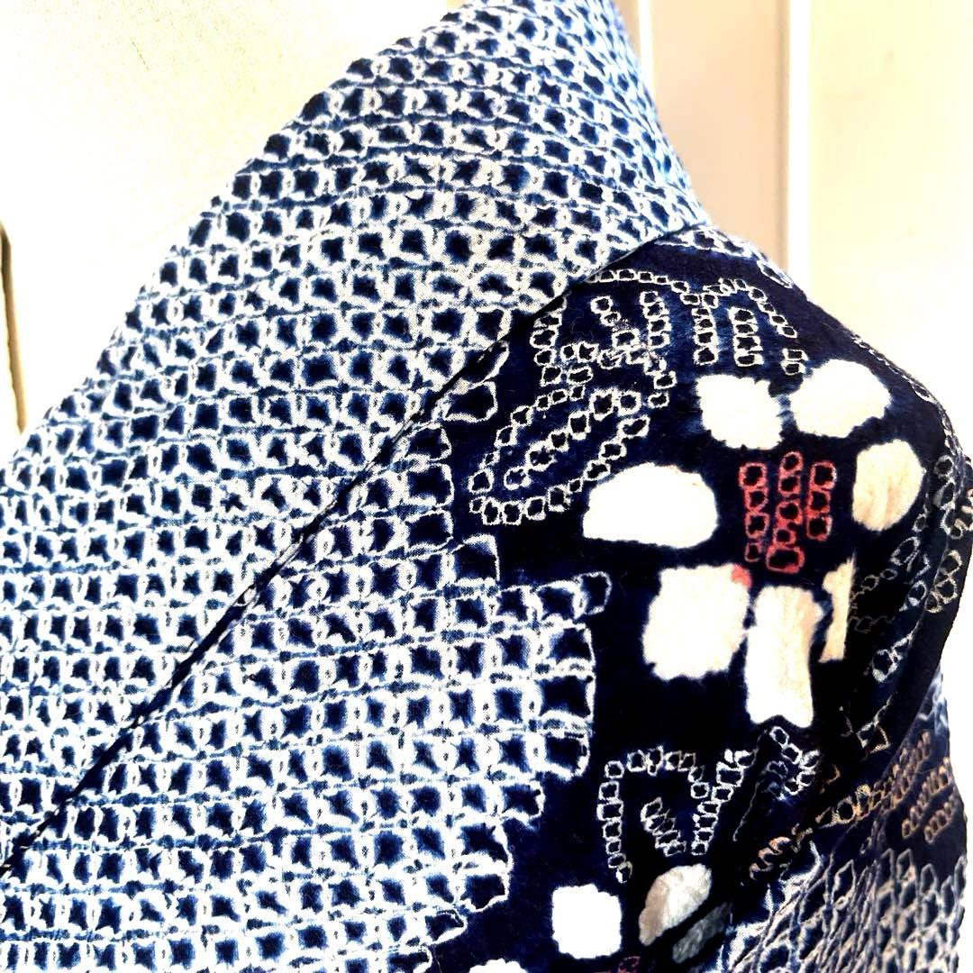 有松鳴海絞り 枝花紋様 よろけ縞 藍色×白×ベージュ Sサイズ 美品