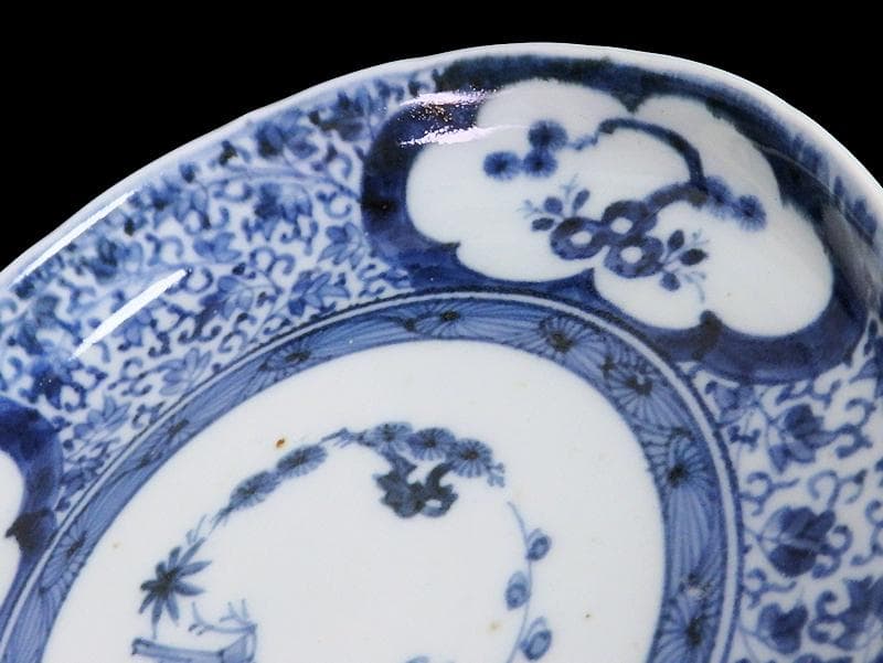 古伊万里　染付 窓絵　松竹梅に萩唐草の図　５寸半皿　291AS-CWt