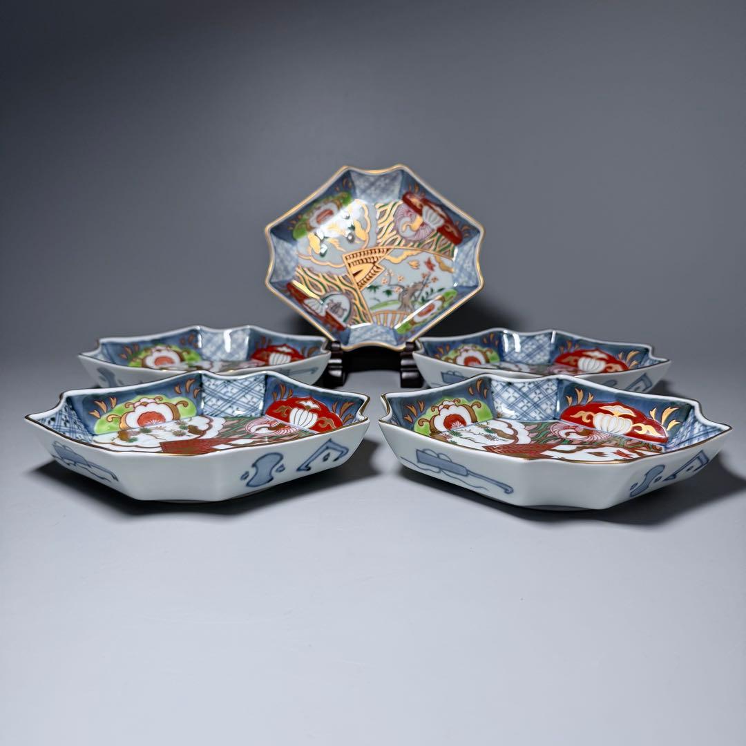 古伊万里風　冨貴長春　色絵鶴亀松竹梅文変形皿　五客　料理屋　古器を楽しむ