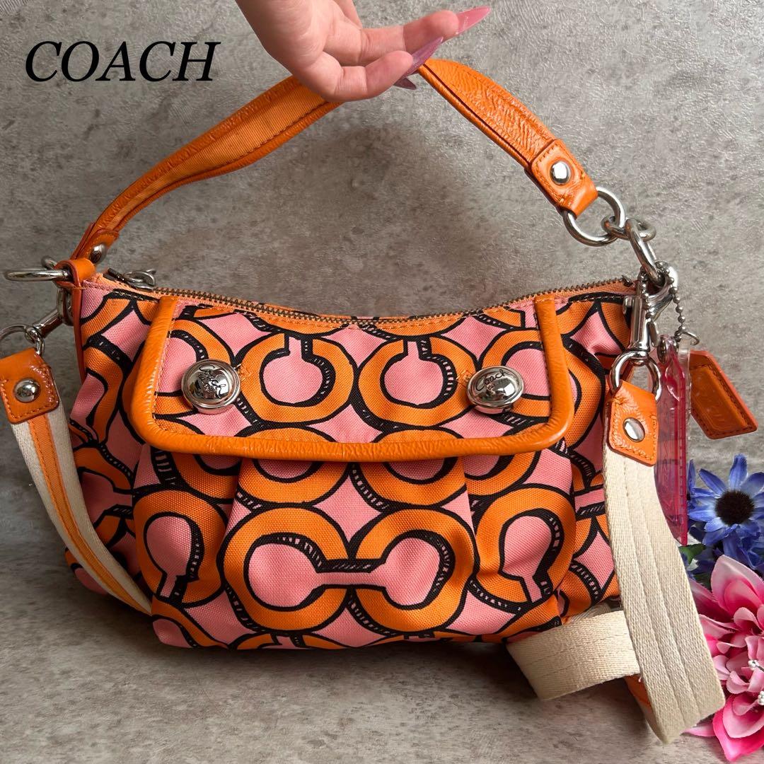 ✨良品✨️COACH 2way ショルダーバッグ オプアート 総柄 オレンジ