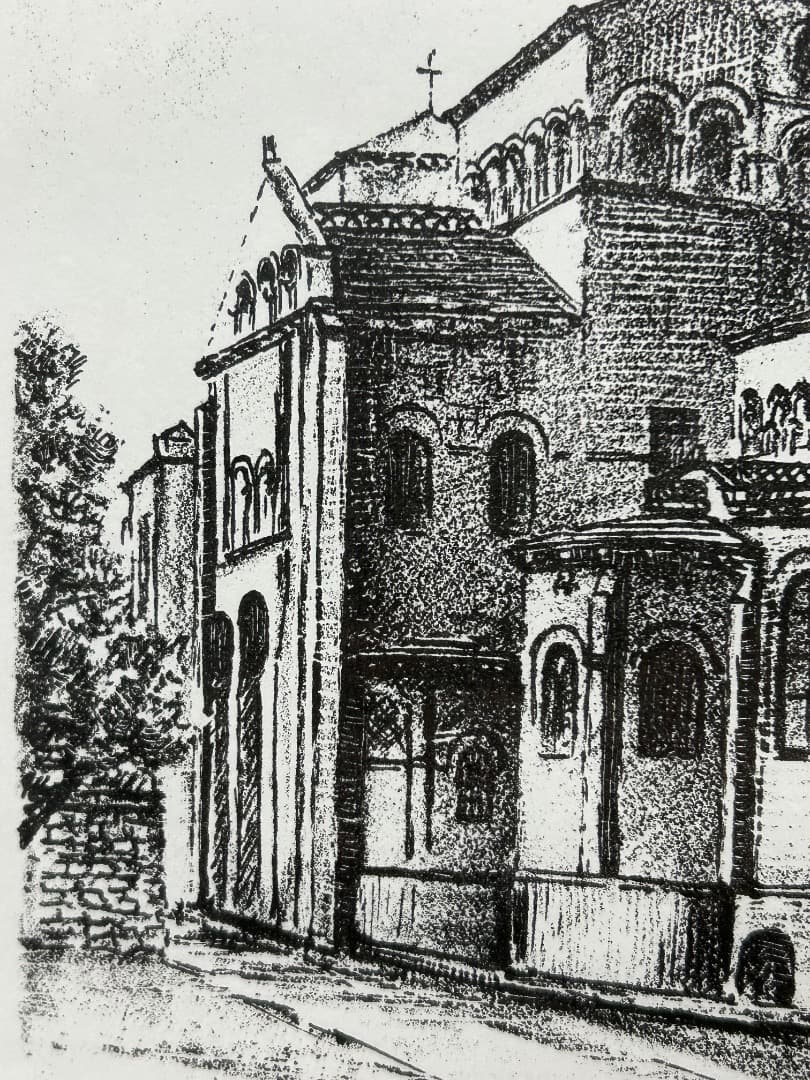 フランス イソワールの教会風景 (版画)