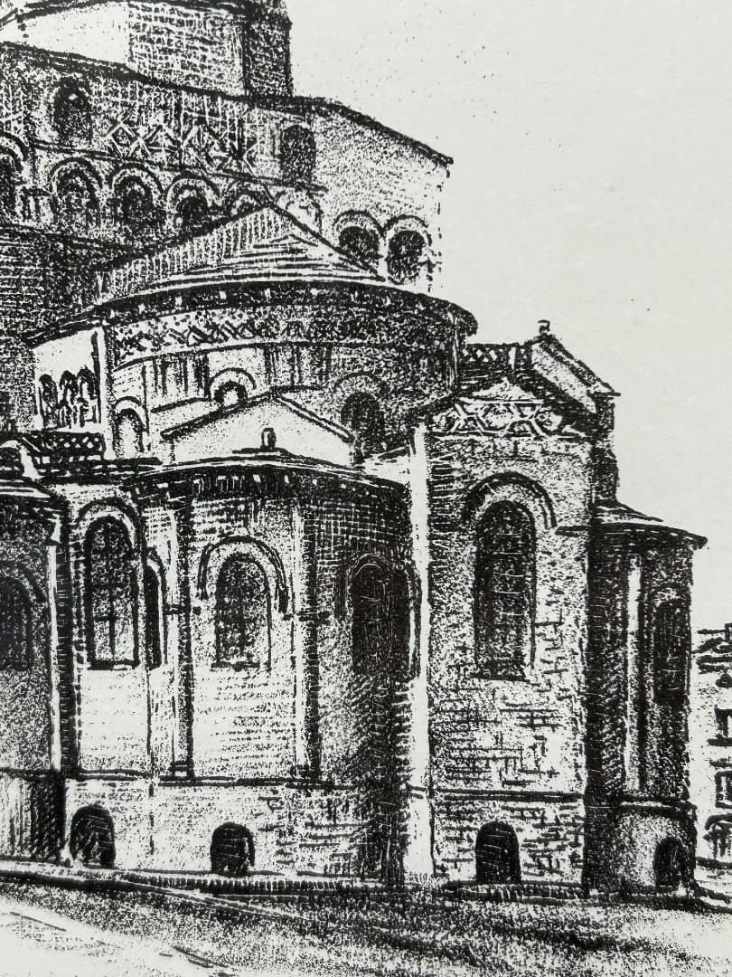 フランス イソワールの教会風景 (版画)