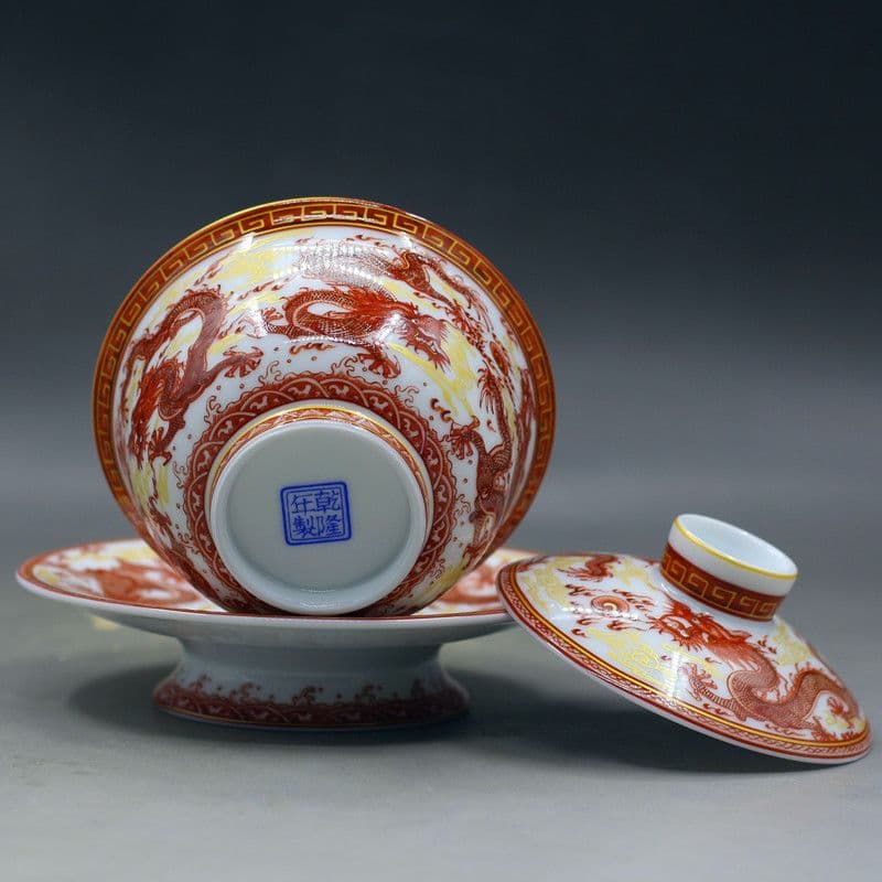 中国茶器 紅竜三才蓋碗 茶碗 湯飲み煎茶器 新品未使用