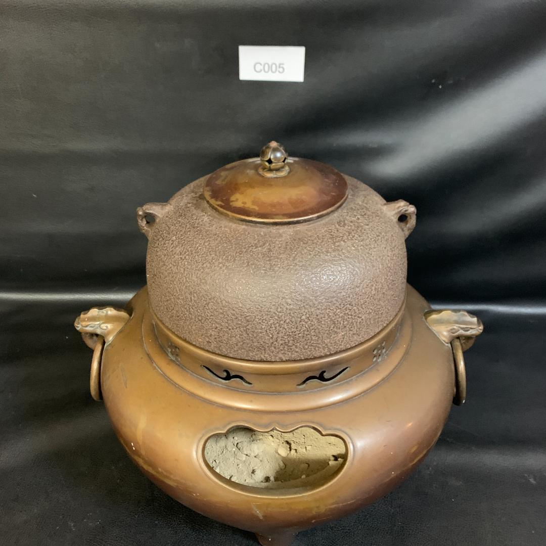 当時物 茶道具 唐銅鬼面風炉釜 丸釜 昭和レトロ アンティーク 骨董品