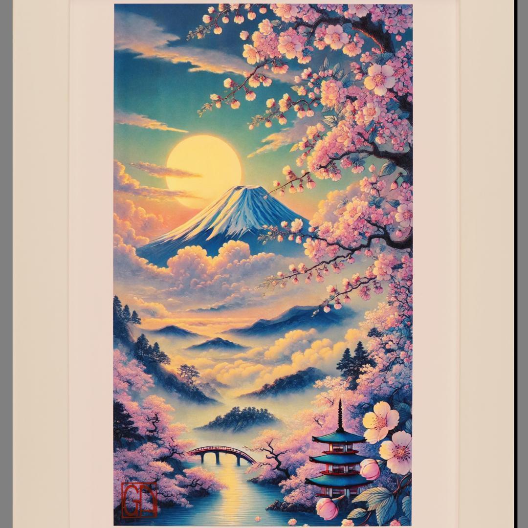 ●【いまを感じる AIアート】桜富士山日本20枚限定A4額●がんどうあつし制作