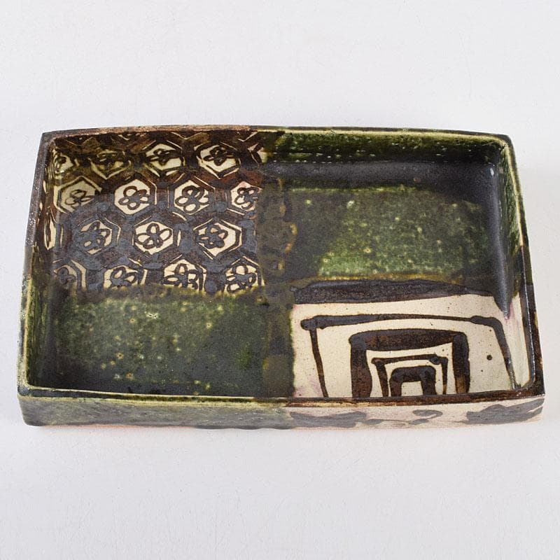 和食器　織部焼　廣永窯　坪島土平作　長方鉢　共箱　M　R9198