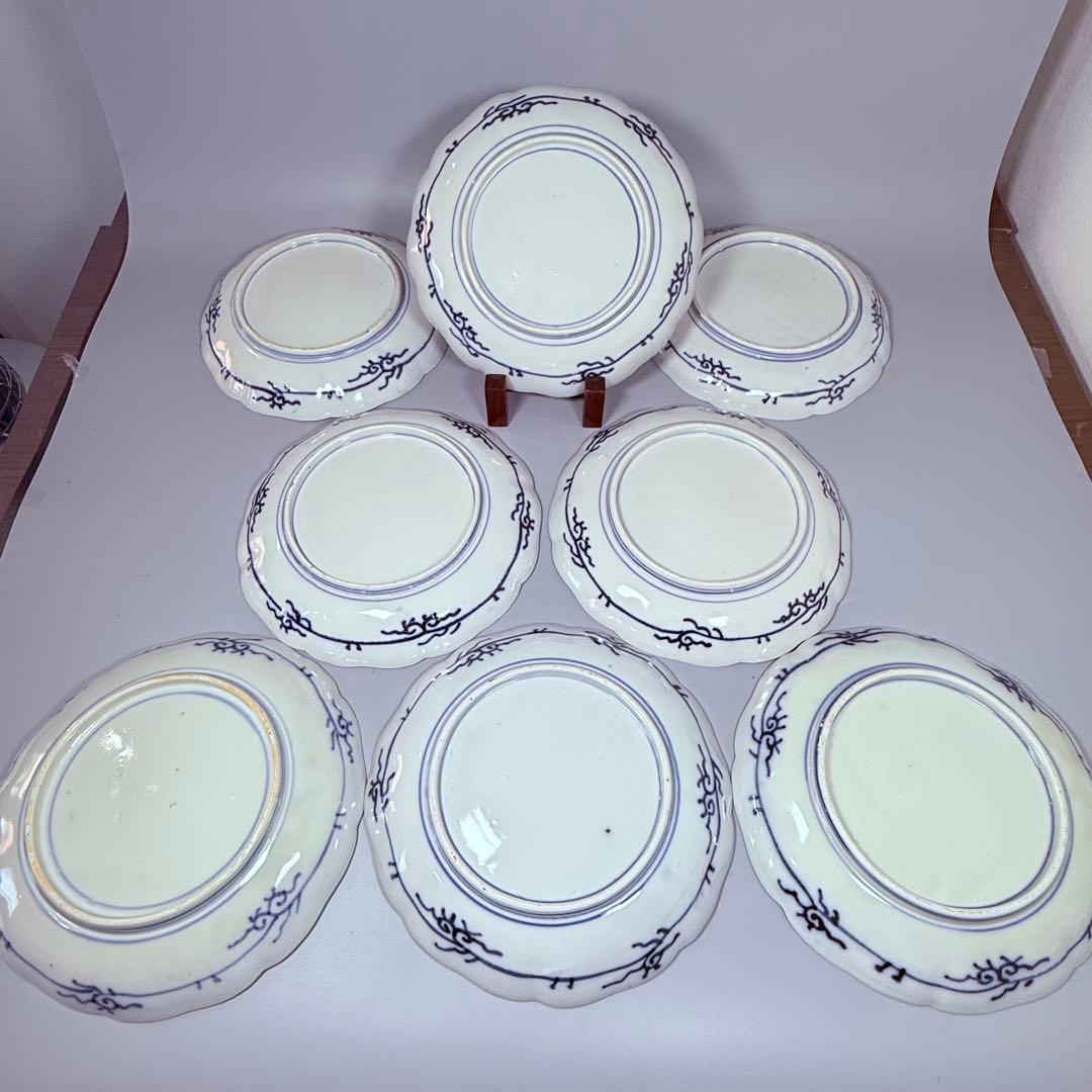 古伊万里　色絵三方柘榴鳥文様七寸皿　8枚　直径21.8㎝　料理屋　古器を楽しむ