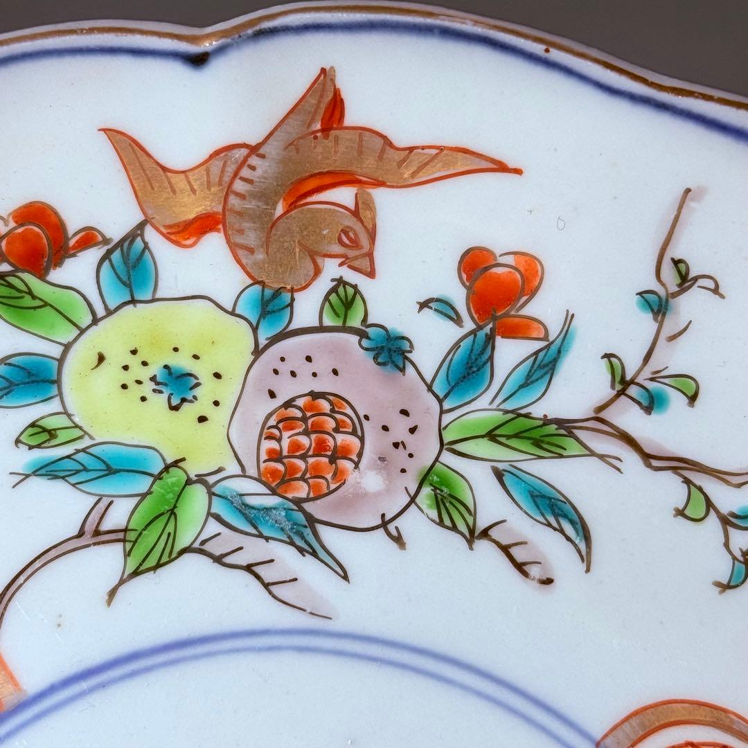古伊万里　色絵三方柘榴鳥文様七寸皿　8枚　直径21.8㎝　料理屋　古器を楽しむ