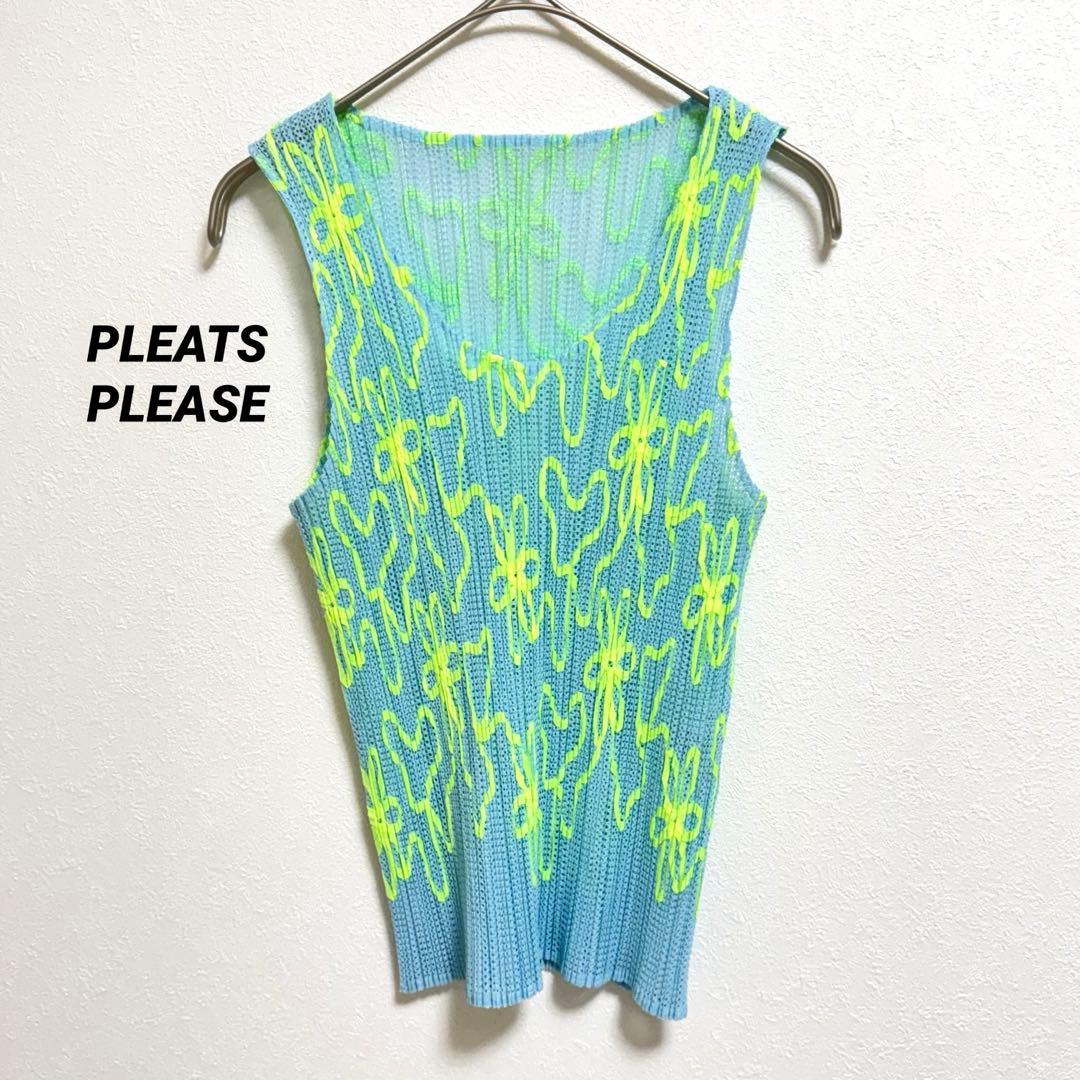 極美品✨PLEATS PLEASE 花柄　水色　花柄　ノースリーブ　メッシュ