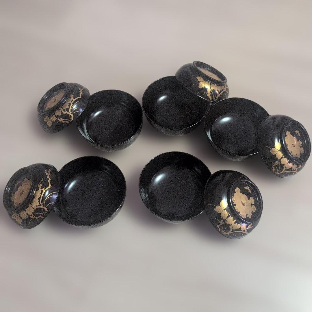 輪島塗 吸物椀 5客 蓋碗 漆芸 漆器 牡丹蝶金蒔絵5客セット