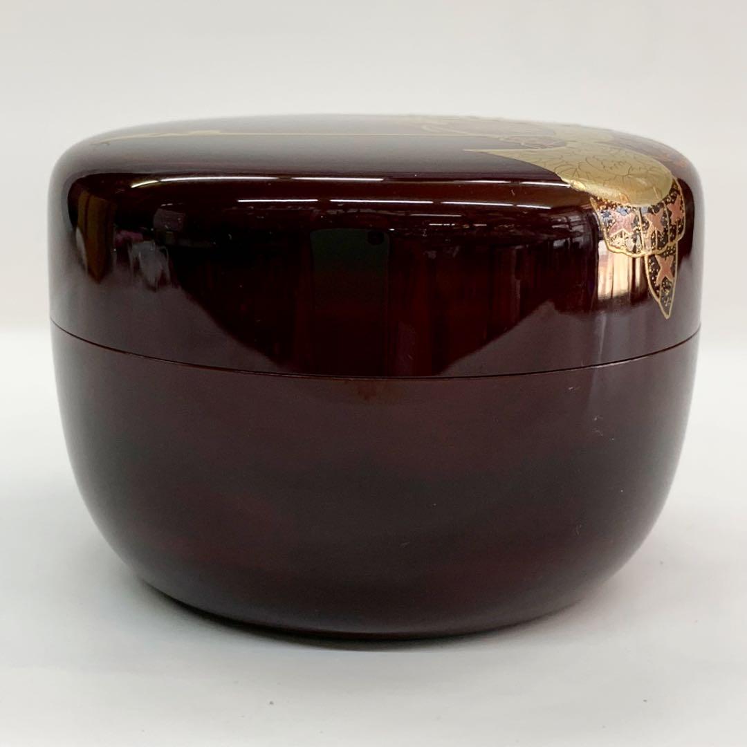 【平棗　兜にあやめ】新井司峰　共箱　溜塗