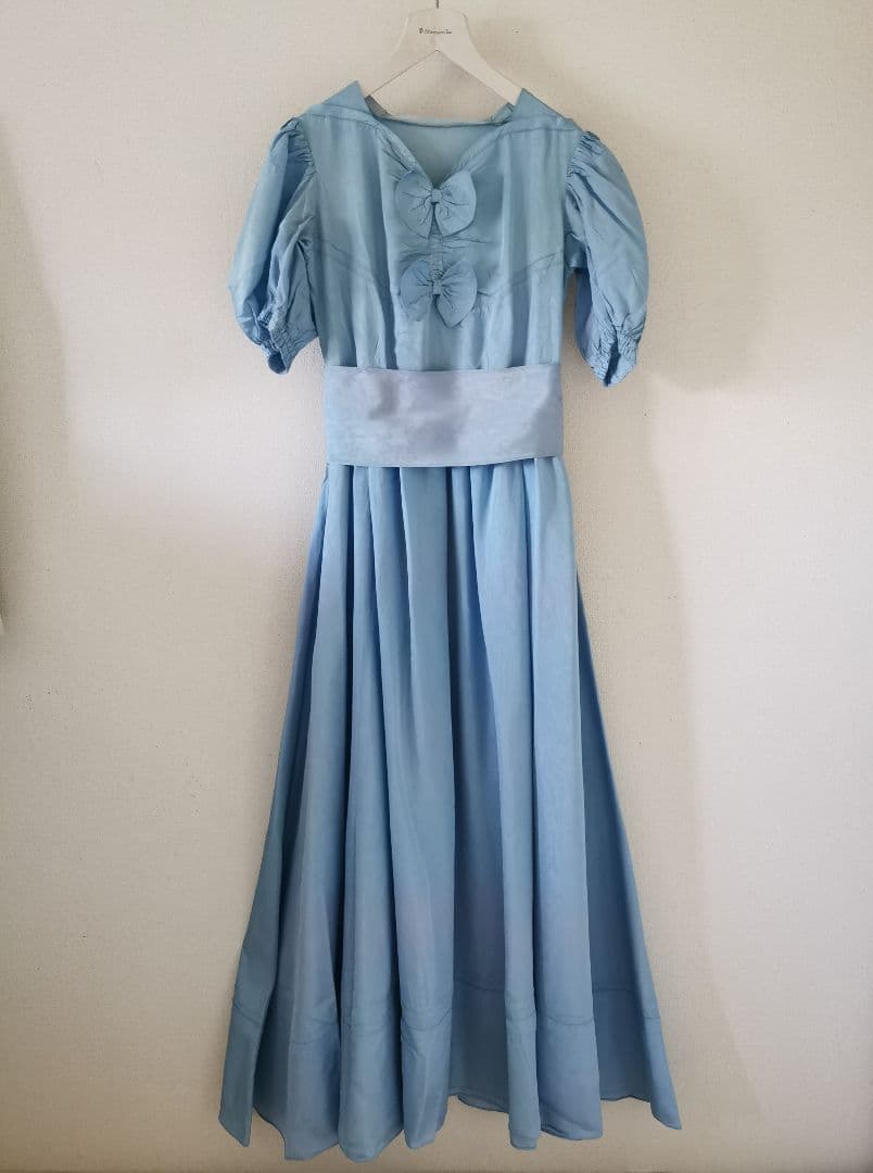アンティークフランス オーダーメイド手縫 一点物ブルーボウ付き ロングワンピース