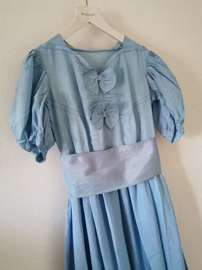 アンティークフランス オーダーメイド手縫 一点物ブルーボウ付き ロングワンピース