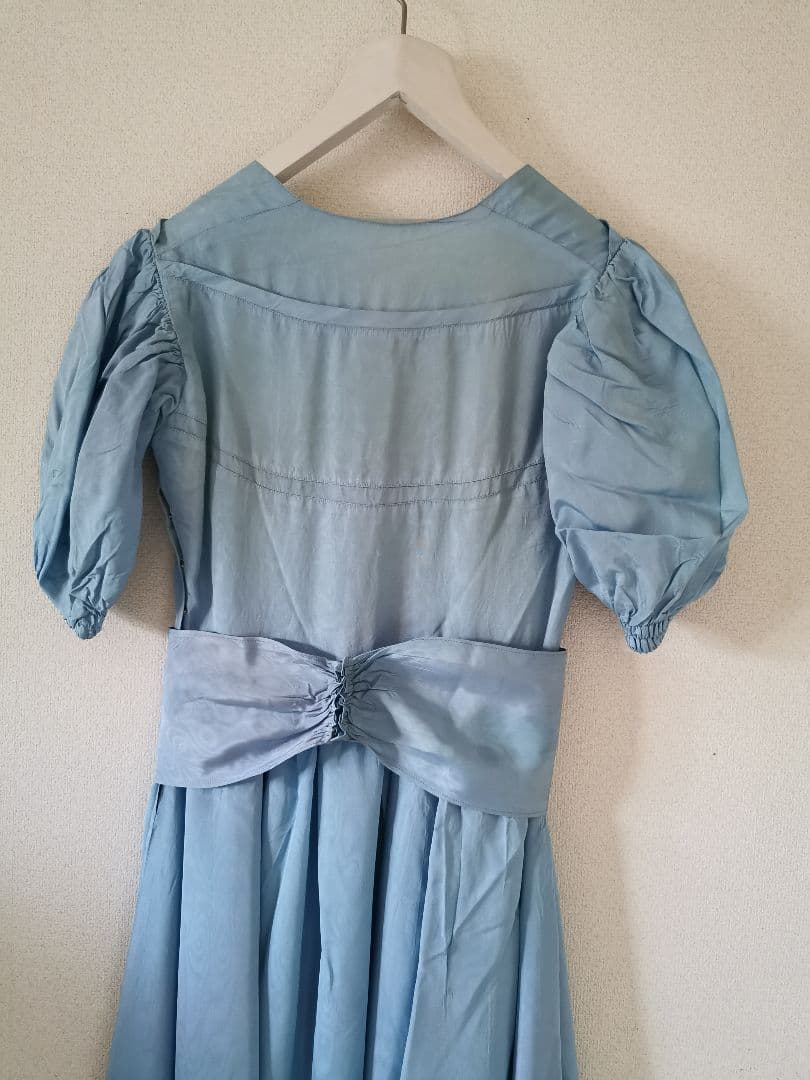 アンティークフランス オーダーメイド手縫 一点物ブルーボウ付き ロングワンピース