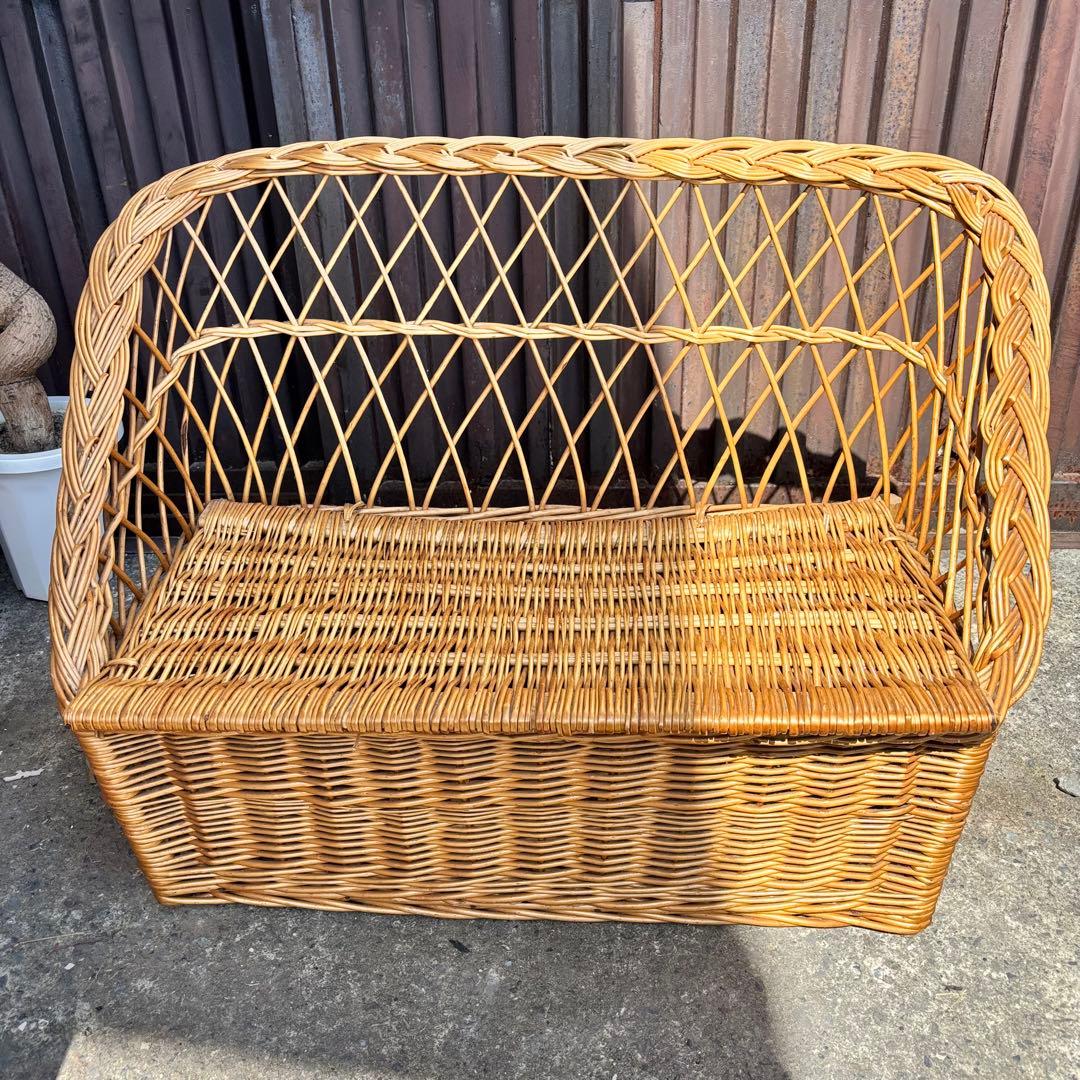 ヴィンテージ ラタンソファ 2人掛け ミニソファ 籐製 アンティーク 収納付き